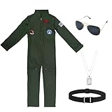 bechoanigel Pilot Kostüm Kinder, Militärgrün Pilotenkostüm für Kinder, Piloten Overall Uniform mit Sonnenbrille, Halskette und Gürtel, für Fotografie Halloween Fasching Karneval Kostüm Cosplay, S