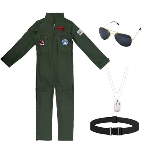 bechoanigel Pilot Kostüm Kinder, Militärgrün Pilotenkostüm für Kinder, Piloten Overall Uniform mit Sonnenbrille, Halskette und Gürtel, für Fotografie Halloween Fasching Karneval Kostüm Cosplay, L
