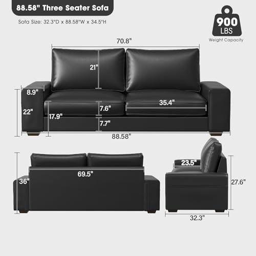Image of Valthie Faux Leather Couch, Mid Century Modern Comfy Loveseat Sofa with Wide Arm, Side Pockets, Solid Wooden Frame for Office, Living Room and Bedroom, 3 Seater (Black, 88.58 inches)