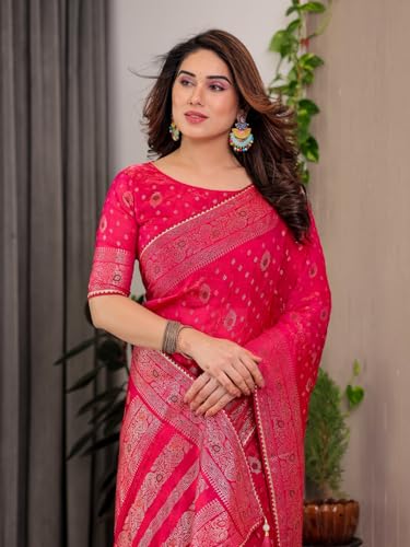 Image of ALMAARI FASHION Fendy Satin Foil Print Floral Saree with Tassels, Traditional Butti Motifs, 5.5m with 0.8m Blouse (FOIL 102 PINK H)