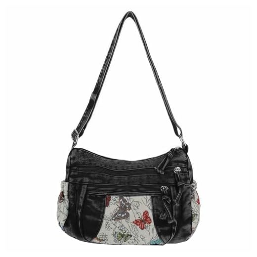 Black Denim Purse Crossbody Bags, Boho Hobo Crossbody Bags for Women, Casual Hippie Travel Butterfly Purse, Pocket Books Purse with Lots of Pockets, Cute Everyday Trendy Ladies Purse
