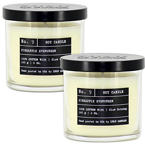 Lulu Candles | Pineapple Evergreen | Luxury Scented Soy Jar Candle | Hand Poured in The USA | Highly Scented & Long Lasting- 6 Oz. 2 Pack