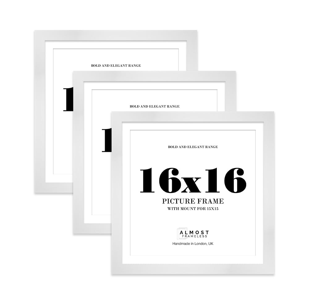 16x16" White Square Frame With Mount for 15x15" Pictures 28mm Edge Frame Display with Wall Hooks, 3 Pack