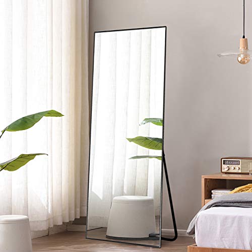MAYEERTY Floor Mirror Full Length Large Full Body Size Stand up Standing Wall Mounted Mirrors Bedroom Bathroom Décor Metal Frame (Black, 65x22in)