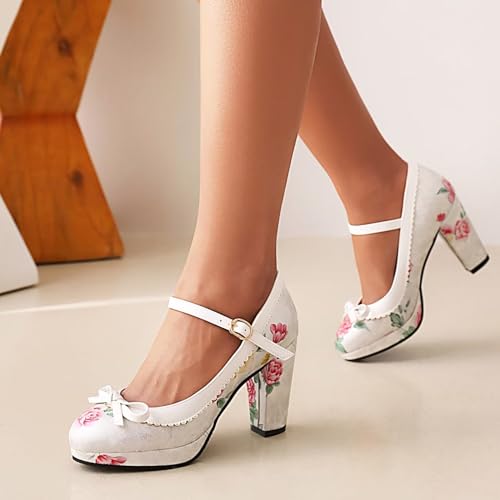 Image of FOREADA Lolita Bow Platform High Heel Women Rockabilly Mary Jane Dress Pump | Boasts soft kawaii retro vintage lolita tea party aesthetic, with block heel ,bow, round toe versatile style for dress wear