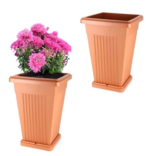 GarPet 2er Set Pflanzkübel Pyramide Pflanzkübel Groß Außen Blumenkübel Outdoor Pflanztopf Pflanzkasten Blumentopf mit Untersetzer Rechteckig 50 Terrakotta