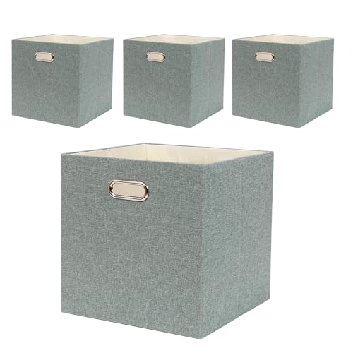 Fboxac Collapsible Organization Basket Fabric Foldable Box with Handles, 13x13 Cube Storage Bins Set of 4, Thick and Heavy Duty Storage Baskets for Kallax Shelf Bedroom Living Room, Light Sage Green