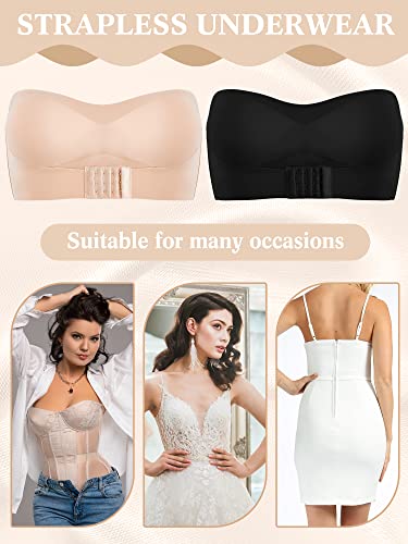 Geyoga 2 Pcs Strapless Bras For Women Push Up Lingerie Strapless Front Buckle Lift Bra Nonslip Bandeau Bra(Black, Nude,Large) #TOP5