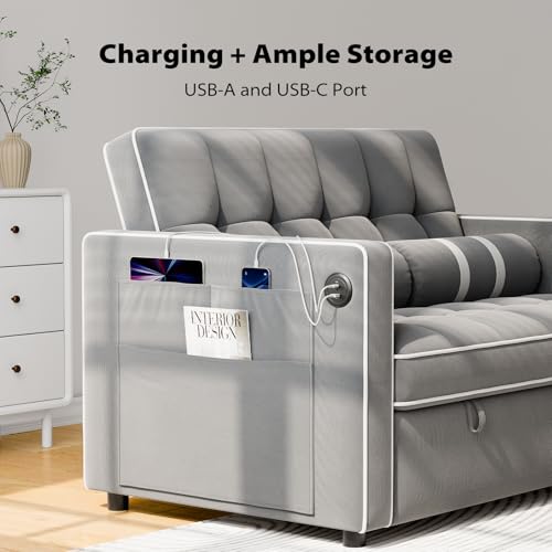 Pipishell 3 in 1 Convertible Sleeper Sofa Bed,Pull Out Couch for Living Room with USB Ports & Side Pockets,Adjustable Backrest,Velvet,Loveseat Sofa Bed,Futon Couches