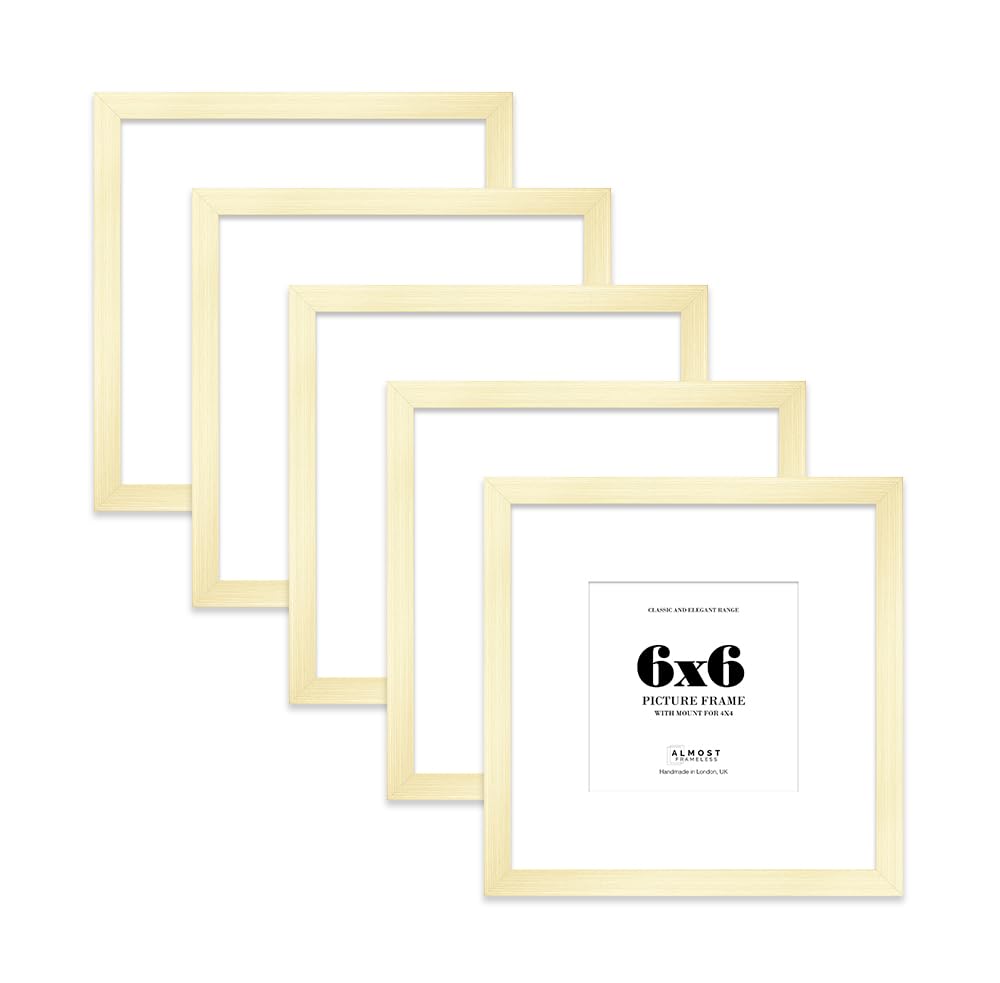 6x6 Gold Picture Frame with Mount for 4x4 Photos, Prints - Modern Square Wall Frame, Set of 5