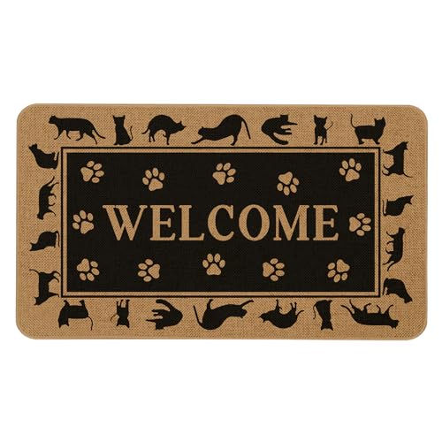 Kuyuayee Cat Welcome Door Mat 30x17 Inch Black Cats Front Doormat Indoor Outdoor Funny Cat Floor Mats Non-Slip Washable Pet Home Decor