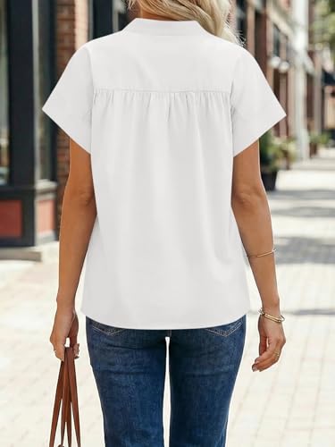 Cicy Bell Womens Short Sleeve V Neck Blouses Dressy Casual Summer Loose Shirts Trendy Business Pleated Tops White — view 4