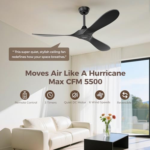 Image of Obabala Black Outdoor Ceiling Fan, 52 in Ceiling Fans No Light with Remote Control, 3 Blades, 6 Speed Reversible DC Motor Modern for Patios, Living Room, Bedroom, Porch