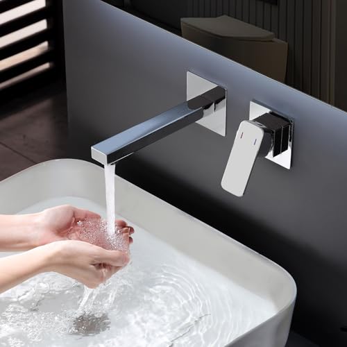 ROVOGO Wall Mounted Basin Mixer Tap with Concealed Stainless Steel Body 304 & Square Spout for Bath or Tub, 2-Hole Bathroom Basin Tap, Single Handle Bathroom Sink Faucet Chrome