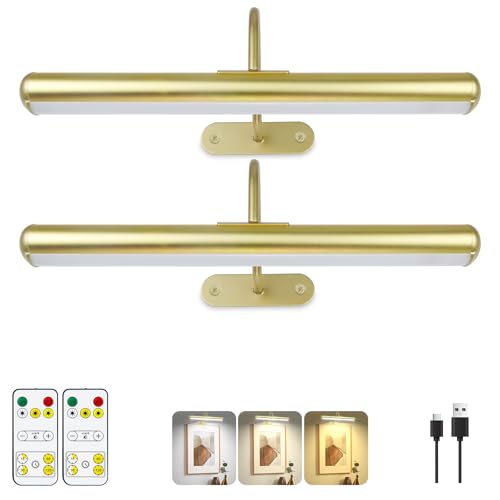 Image of Set of 2 Picture Lights on Wall Rechargeable and Remote, Full Metal Painting Light with 3 Lighting Colors Brightness Dimmable and Timer Auto-OFF, Above Artwork Dartbord Display Gallery Portrait