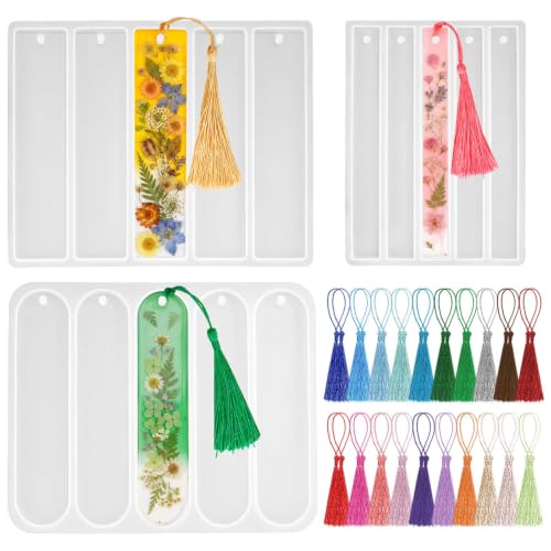 3 Pcs Bookmark Silicone Molds Rectangle Bookmarks Molds with 40 Pcs Tassels Bookmarks Resin Mold for DIY Home Decoration Art Crafts Birthday Gifts (Bookmark)