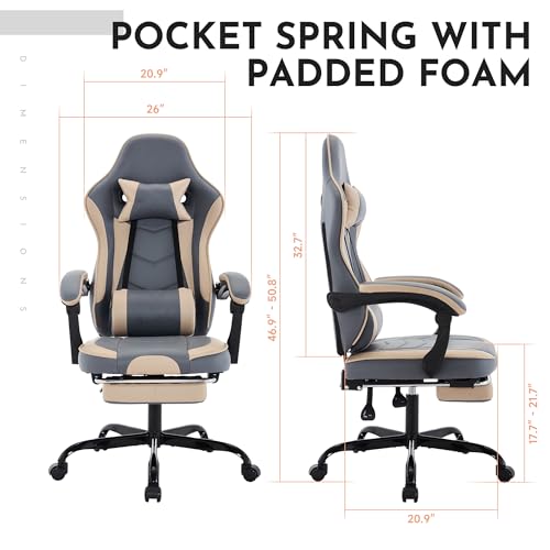 Image of Gaming Chair with Footrest for Home Office - High Back Computer Chair with Headrest and Lumber Support, Ergonomic Height Adjustable Leather Game Chairs (Beige+Blue)