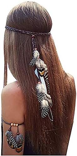 Set of 2 Gypsy Hippie Feather Headband Headdress and Armband Bohemian Headwear Headpiece Handmade Tribal Indian Fascinator Feather Hairband Hair Accessories for Women Lady (A#)