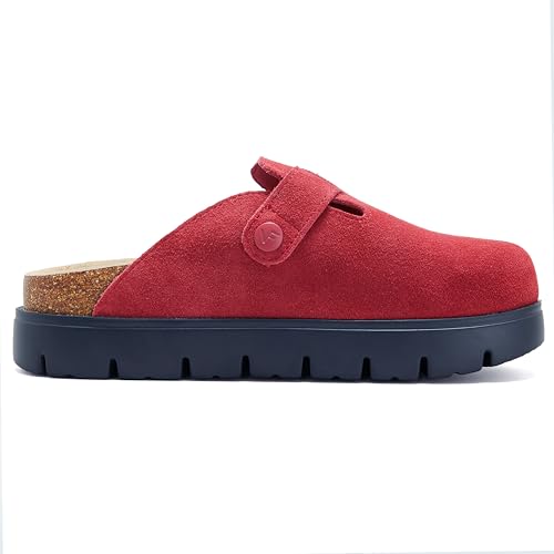 Image of Women's Suede Platform Clogs Leather Mules Slip On Indoor Outdoor Shoes | Arch Support, Cork Footbed, Adjustable Buckle,All Day Comfort