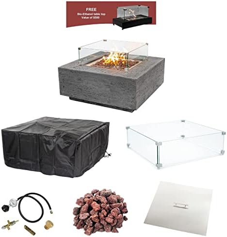 AMS Creations Albany Square Gas Outdoor Fire Pit Table | Concrete GFRC - Pewter Color | Electronic Ignition | SS Burner, Canvas Cover, SS Lid, Lava Rock and Wind Guard Included (Natural Gas)