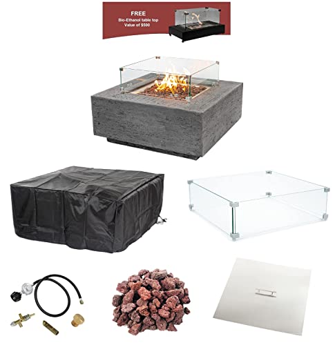 Ams Creations Albany Square Gas Outdoor Fire Pit Table | Concrete Gfrc - Pewter Color | Electronic Ignition | Ss Burner, Canvas Cover, Ss Lid, Lava Rock And Wind Guard Included (Natural Gas) #TOP18
