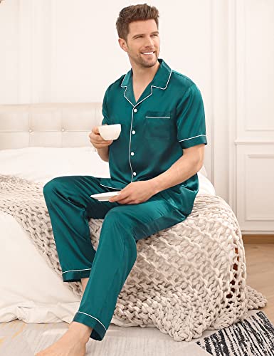 Image of SWOMOG Mens Satin Pajama Set Short Sleeve Classic Sleepwear Button Down Silky Loungewear with Long Pants Green X-Large