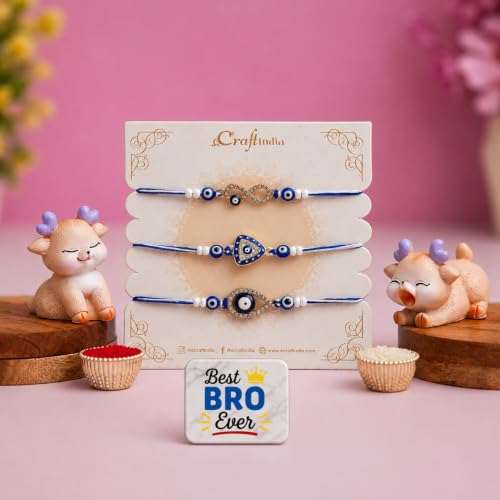 Image of eCraftIndia Designer Evil Eye Rakhi Set of 3 with Best Bro Ever Fridge Magnet & Cute Deer Showpieces | Blue Thread Rakhi for Brother | Raksha Bandhan Gift Hamper for Bhai