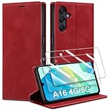 Guisessy Handyhülle für Samsung Galaxy A16 5G /4G Hülle Leder & 2 Schutzfolie, Premium Klappbar Flip Wallet mit Magnet Kartenfach Standfunktion Schutzhülle für Samsung A16 4G/5G, Rot