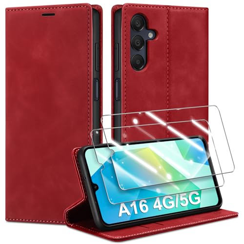 Guisessy Handyhülle für Samsung Galaxy A16 5G /4G Hülle Leder & 2 Schutzfolie, Premium Klappbar Flip Wallet mit Magnet Kartenfach Standfunktion Schutzhülle für Samsung A16 4G/5G, Rot