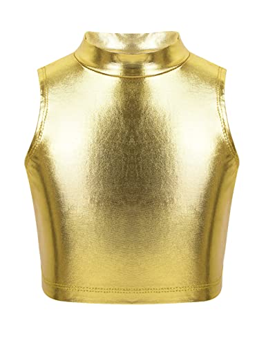 Mufeng Kids Girls Shiny Metallic Gymnastics Crop Tops Dancewear Child Ballet Dance Leotards Tank Tops Activewear Gold 10