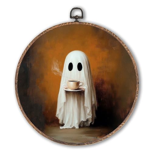 Lengues Vintage Ghost Drinking Coffee Halloween Round Wall Art Decor,...