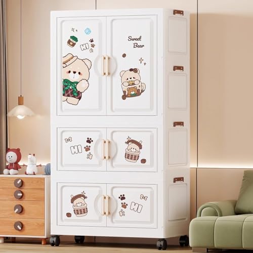 Image of EXVITO Plastic Wardrobe for Cloth with Drawers & Hanging Rod | Baby Cupboard for Clothes Storage | Foldable Collapsible Plastic Almirah for Kids | Cartoon Design Cabinet for Bedroom (Butter Bear)