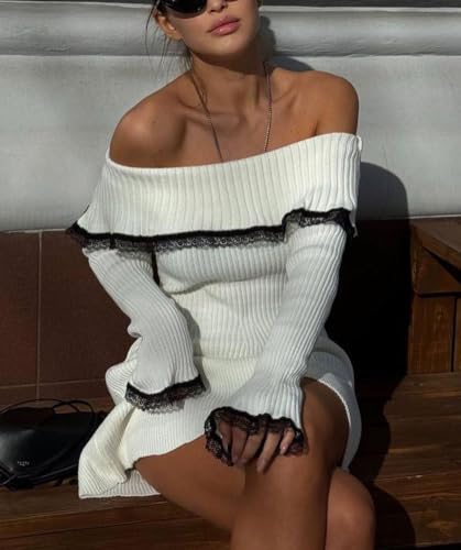 Image of chouyatou Women's Off The Shoulder Bell Long Sleeve Sweater Mini Dress Lace Trim Bodycon Ribbed Knit Sweater Dress