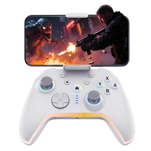 Kabelloser Gaming Controller für iPhone/Android/Switch/Laptop, kabelgebundene Pro Controller für PC/Steam, Programmierbares Gamepad mit Handy-Clip für Gamer, mit RGB-Lichteffekten/Turbo/Vibration