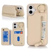 Ｈａｖａｙａ 対応 iPhone 16 ケース あいふおん16ケース カード収納 米軍MIL規格 リング付き キーホルダー キーリング 耐衝撃 スタンド機能 財布 フェイクレザー-アプリコット