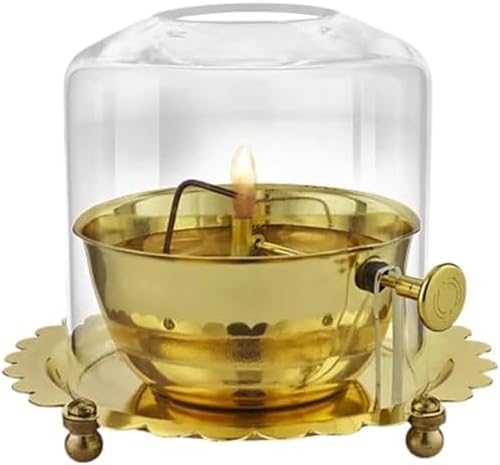 Golden Brass Akhand Diya Oil Lamp for Poojaghar| Size: 6X5.5 Inches with Lifting Screw Wick Holder and Borosilicate Glass Cover,Lid for Jyoti Lighting, Perfect for Diwali & Home Decor