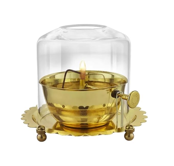 Golden Brass Akhand Diya Oil Lamp for Poojaghar| Size: 6X5.5 Inches with Lifting Screw Wick Holder and Borosilicate Glass Cover,Lid for Jyoti Lighting, Perfect for Diwali & Home Decor