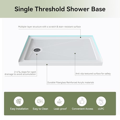 HOROW 48\"L x 32\"W Shower Base, Slip-Resistant Rectangle Single Threshold Shower Pan for Bathroom, White Acrylic Shower Base Pan with Stainless Steel Matte Black Drain, Left Drain Location