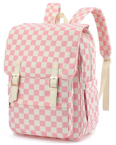 Image of Corduroy Laptop Backpack for Women, Fits 15.6 Inch Computer Bag, College Bookbag Travel Daypack Purse, Work Business Bags - Corduroy Checkered Pink