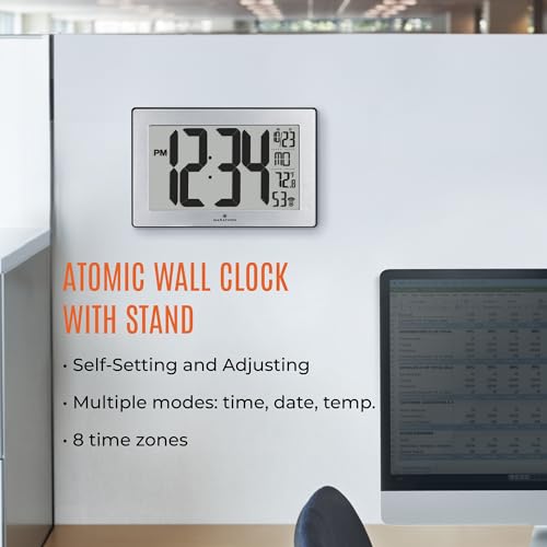 image for MARATHON Atomic Wall Clock with Stand, Black Frame/Stainless Steel Fin