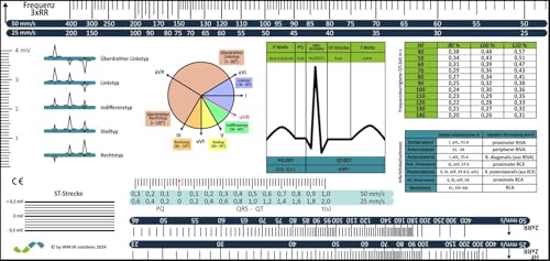 EKG-Lineal Medizin – professionelles Messwerkzeug für Elektrokardiogramme mit Infarktlokalisation, Lagetypen, Intervallen & QT Zeit Tabelle – desinfektionsmittelbeständig für Klinik und Rettungsdienst