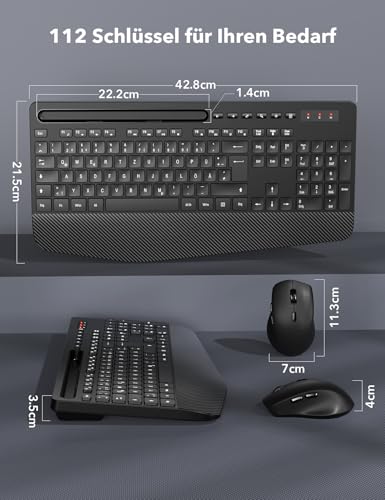 Tastatur Maus Set Kabellos, Ergonomische Tastatur in Voller Größe mit Handgelenkauflage, Telefonhalter, Schlafmodus, Leise 2,4 GHz kabellose Tastatur und Maus für Mac, Windows, Computer, Laptop, PC
