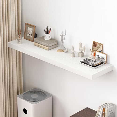 Image of Dreamland 55 inch Floating Shelves for Wall, 12 inch Deep Thicker White Floating Shelves, Wall-Mounted Shelves for Bedroom, Living Room, Kitchen, Bathroom - Set of 1