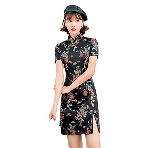 ACVIP - Vestido corto de mujer tipo cheongsam con mangas cortas, estampado floral y abertura, estilo qipao para la noche, Negro , M