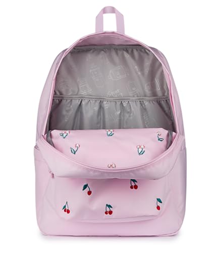 Image of JanSport Superbreak Plus FX Backpack - Work, Travel, or Laptop Bag with Water Bottle Pocket - Pink Ice Cherry Emb