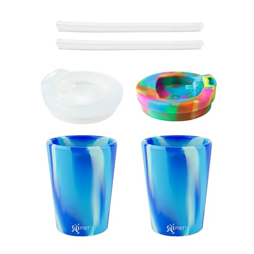 Silipint Silicone (2) HALF PINTS, (2) TRAVEL LIDS, (2) STRAWS - ARCTIC SKY, FROSTED WHITE, HIPPY HOPS x 2