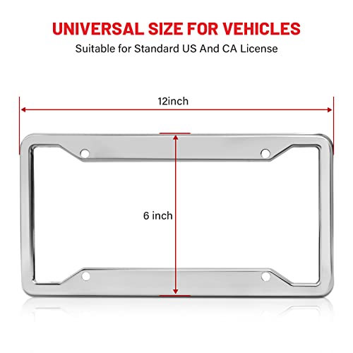 Red Wolf Stainless Steel License Plate Frame Holder 4 Holes Mirror Polish Silver Tag Cover Kit W/Chrome Screws Caps Nylon Insert Nut, Heavy Duty Rustproof Metal Front Rear Fit Car Truck Van Suv, 2Pcs #TOP5