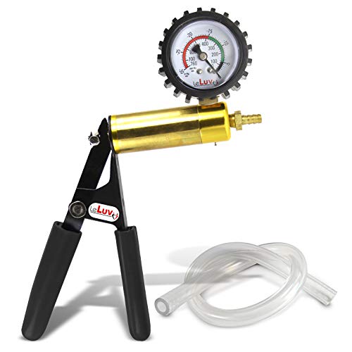 LeLuv Ultima Black Vacuum Pump - Aluminum Alloy &amp; Brass Handle Manual Hand Vacuum (0-30 Hg, 0-760 mmHg), Gauge Installed with Protective Rubber Cover, Rubber Padded Grips with Clear Hose