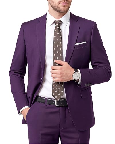 WULFUL Men's 2 Piece Suit, One Button Slim Fit Solid Jacket and Pants Set, Suits for Men Prom Party Wedding & Business Purple