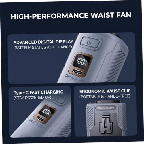 Ventilador de cintura portátil recargable USB multifuncional gris para camping y pesca 7